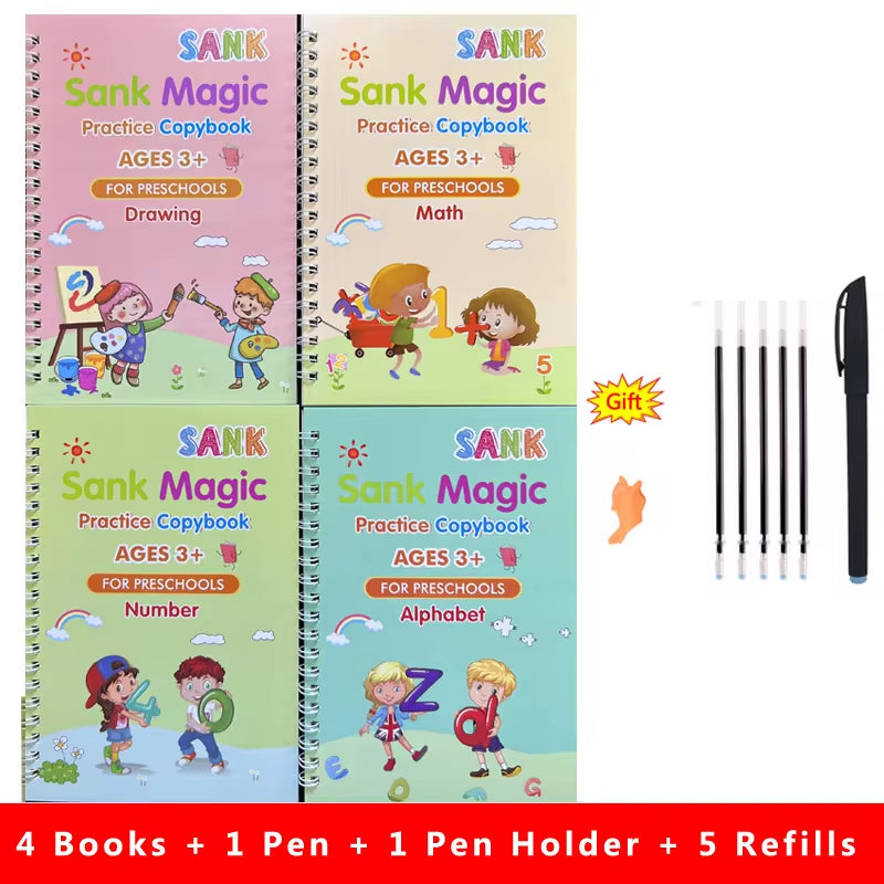 4Pcs Sank Magic Practice Copybook Pen Preschools Kids Calligraphy English Verison Free Wiping Children Reusable Writing Book